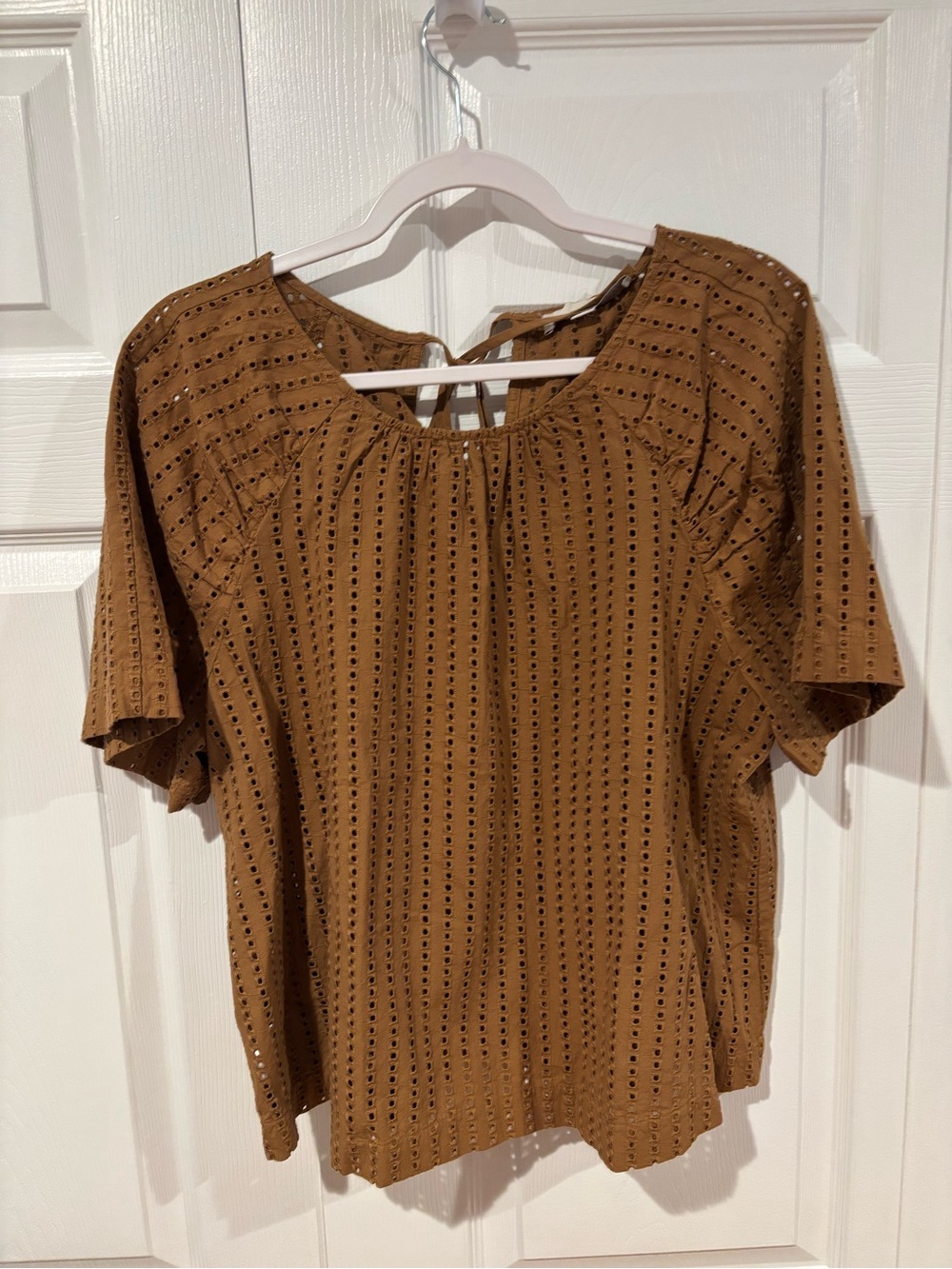 LOFT Tan Brown Eyelet Short Sleeve Peasant Top